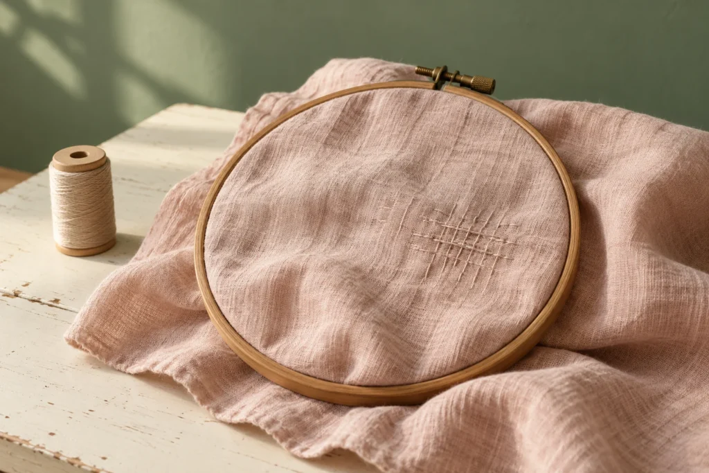 A softly worn blush linen cloth beside a wooden sewing hoop and thread.