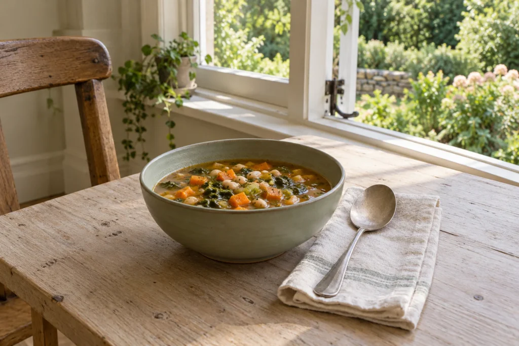 A bowl of soup at a quiet table beside an open window.