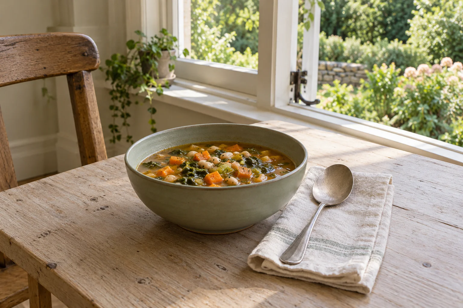 A bowl of soup at a quiet table beside an open window.