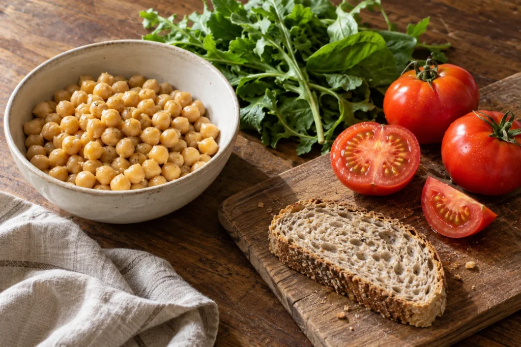Fresh tomatoes, leafy greens, chickpeas and bread on a home kitchen counter.
