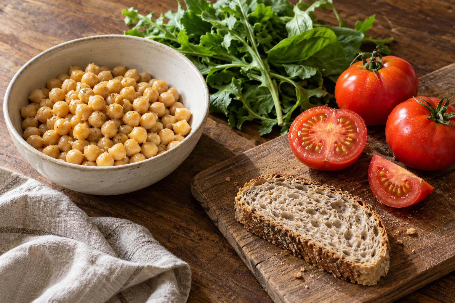 Fresh tomatoes, leafy greens, chickpeas and bread on a home kitchen counter.