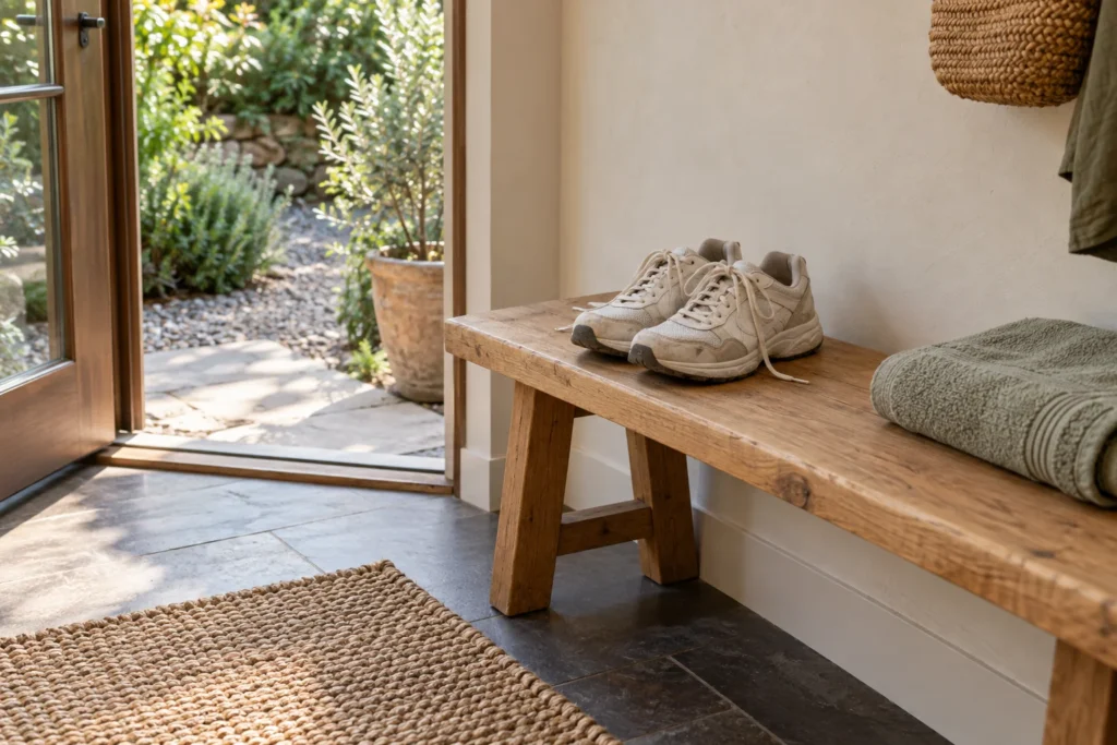 Walking shoes and a folded towel on a simple wooden entry bench.