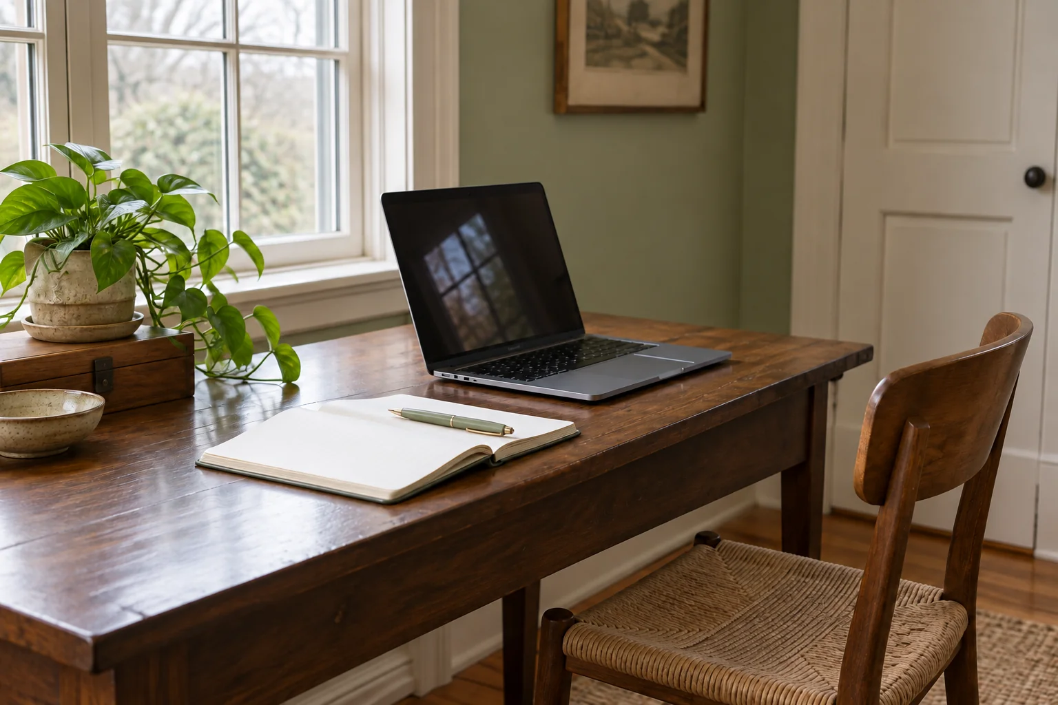 A laptop and open notebook on a walnut desk beside a softly lit window.