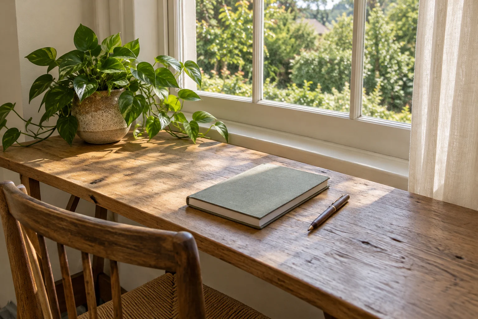 A closed linen notebook and pen at a sunlit window with a small houseplant.