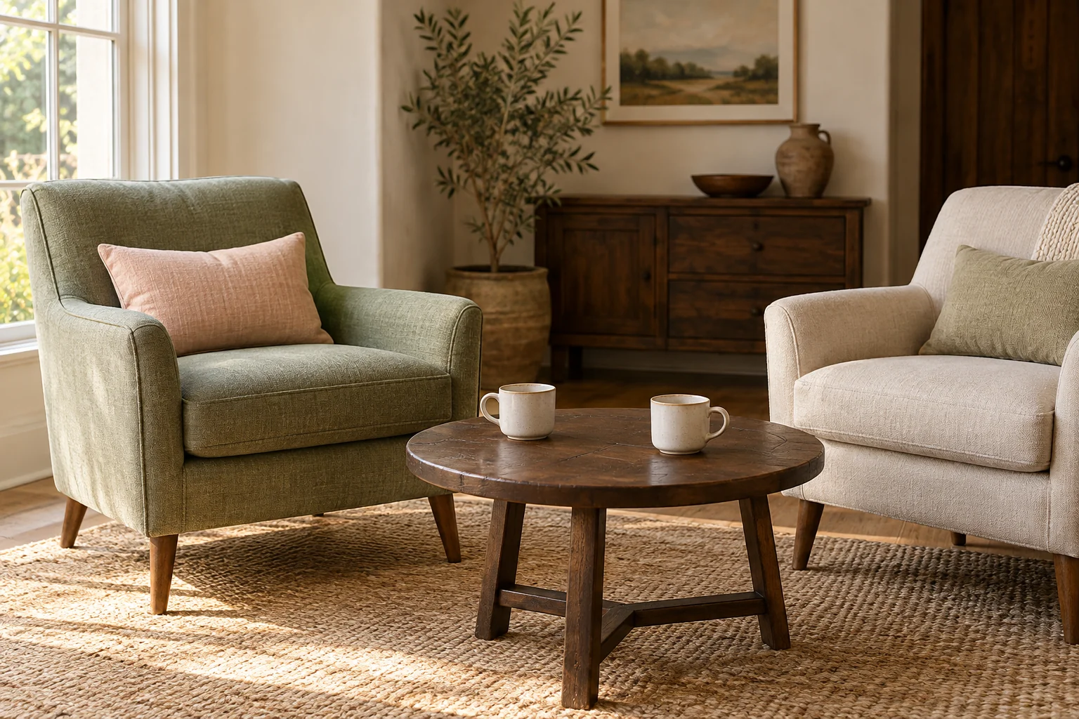 Two empty armchairs angled toward a small wooden table in a welcoming room.