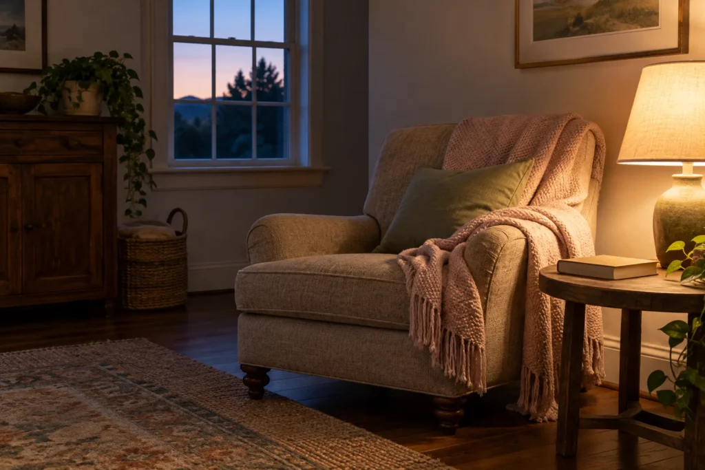A reading chair and closed book beside a warm lamp at dusk.