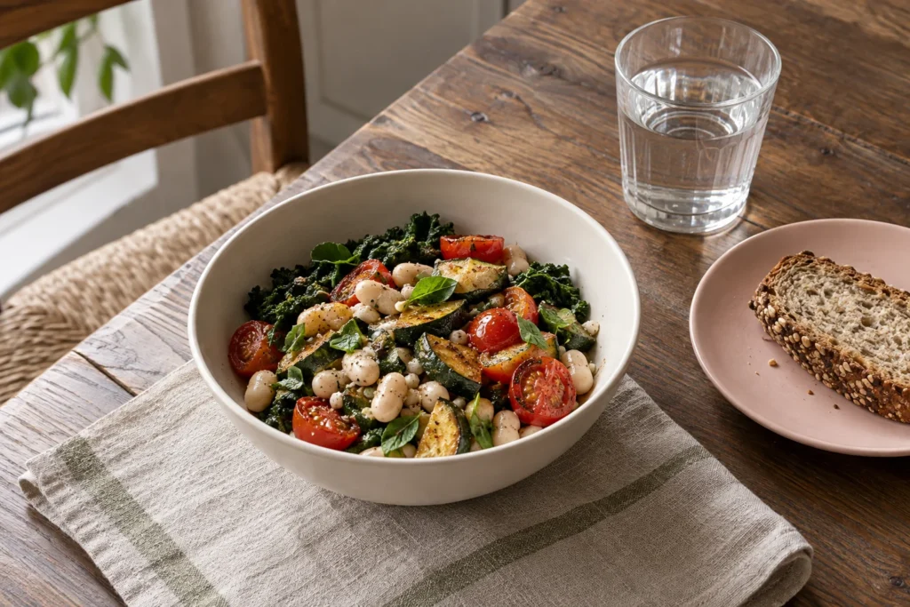 A bowl of beans, vegetables and greens with bread and water on a kitchen table.