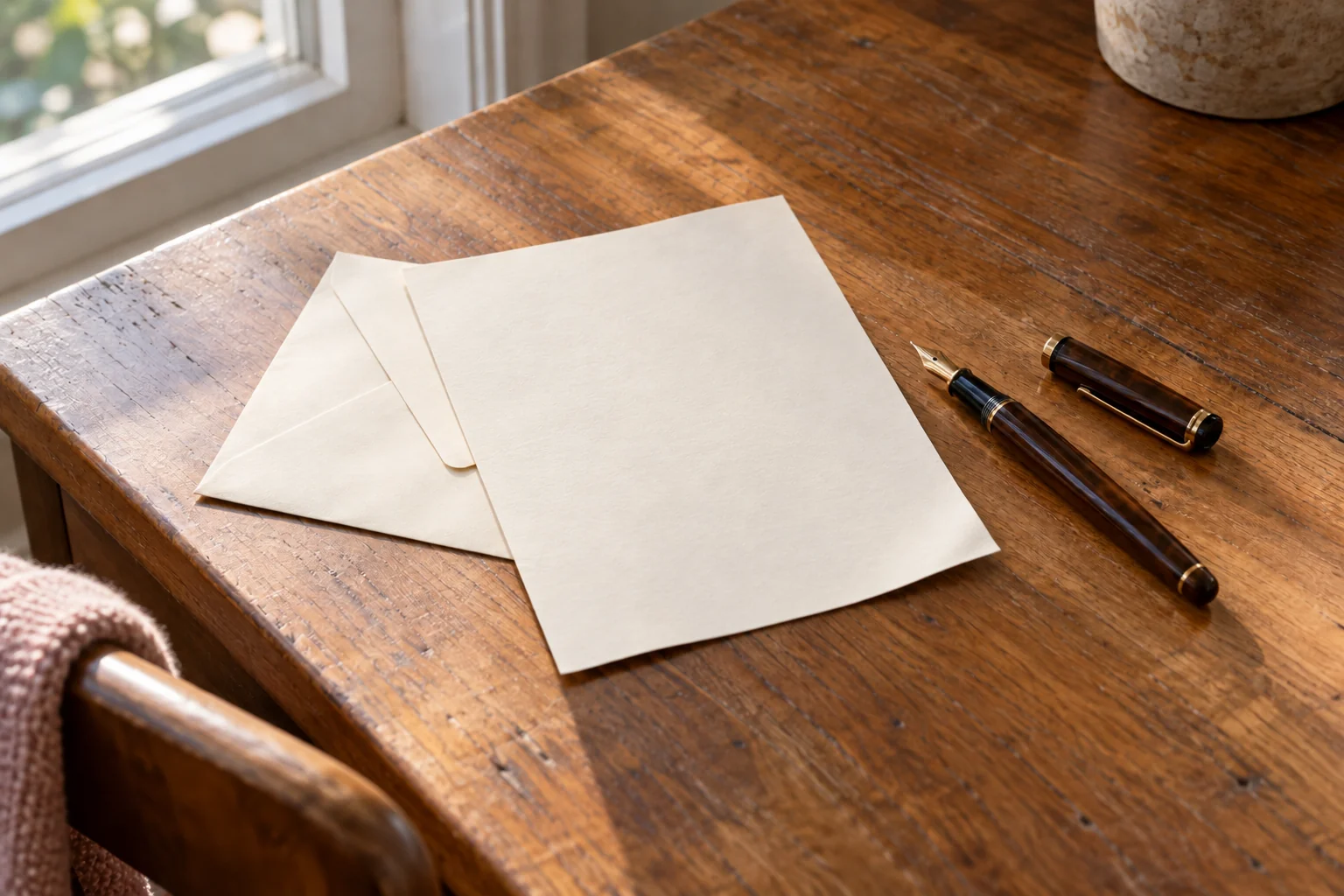 A blank sheet of writing paper and envelope beside a pen on a softly lit wooden desk.