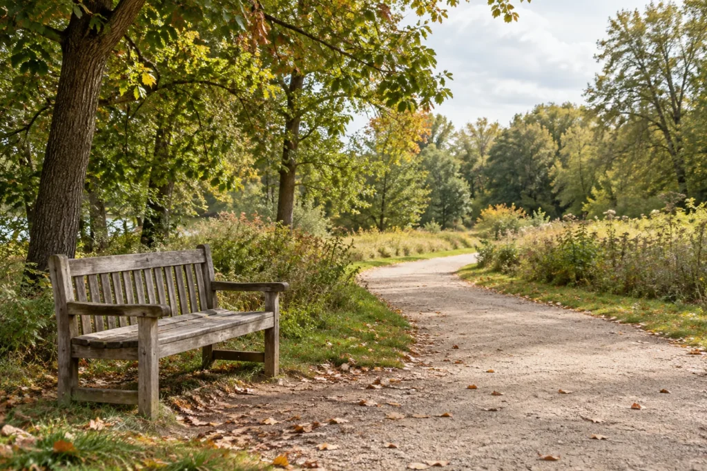A gently curving woodland path beside a weathered bench in early autumn.