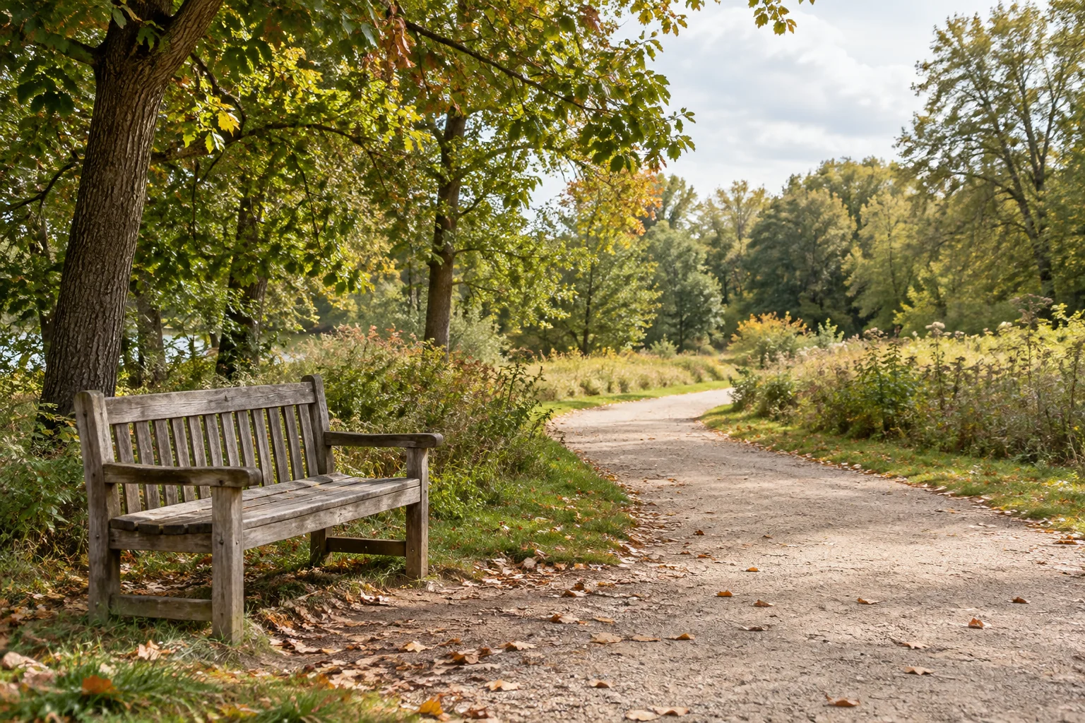 A gently curving woodland path beside a weathered bench in early autumn.
