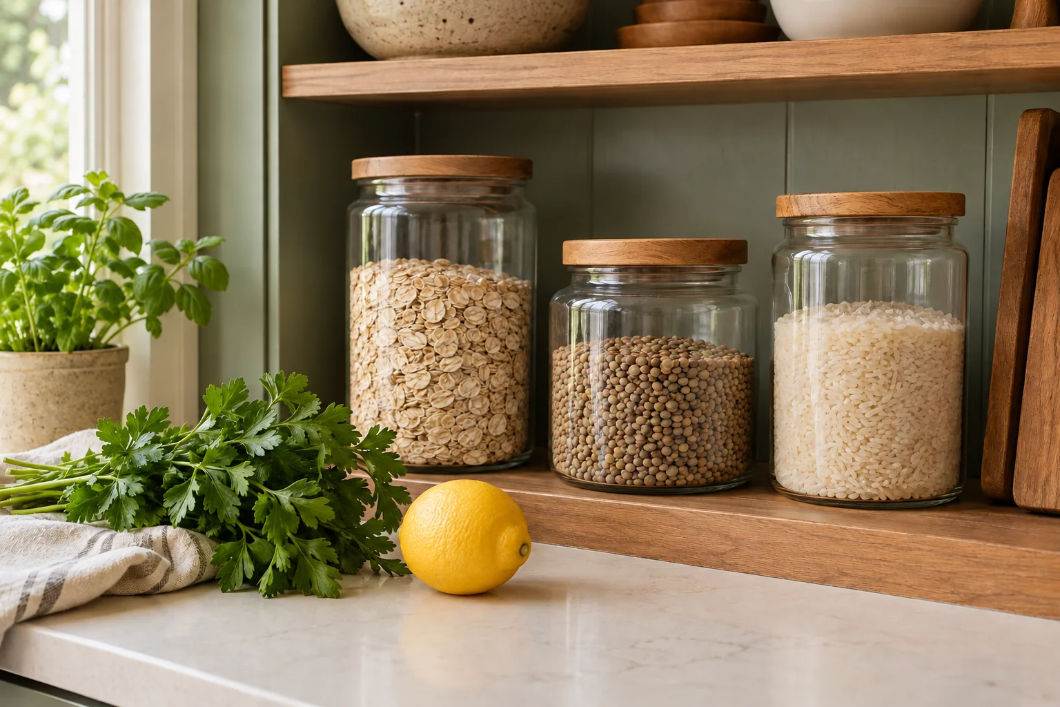 Oats, lentils and rice in glass jars on a modest kitchen shelf.
