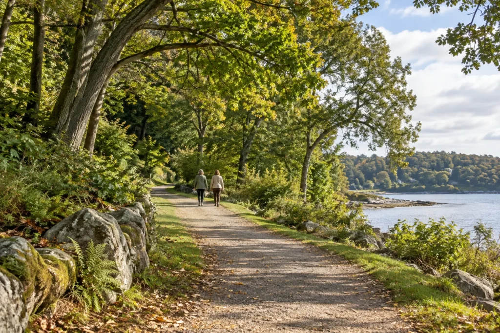 Two distant women seen from behind walking along a leafy neighborhood path.