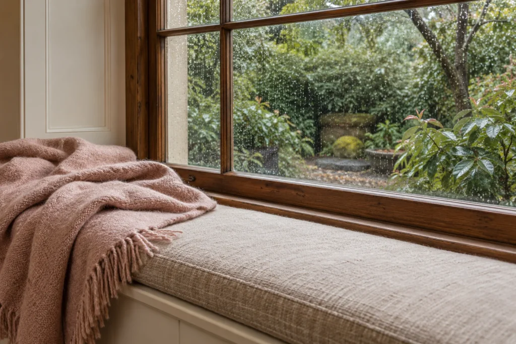 A quiet window seat with a blush throw and rain on the window.