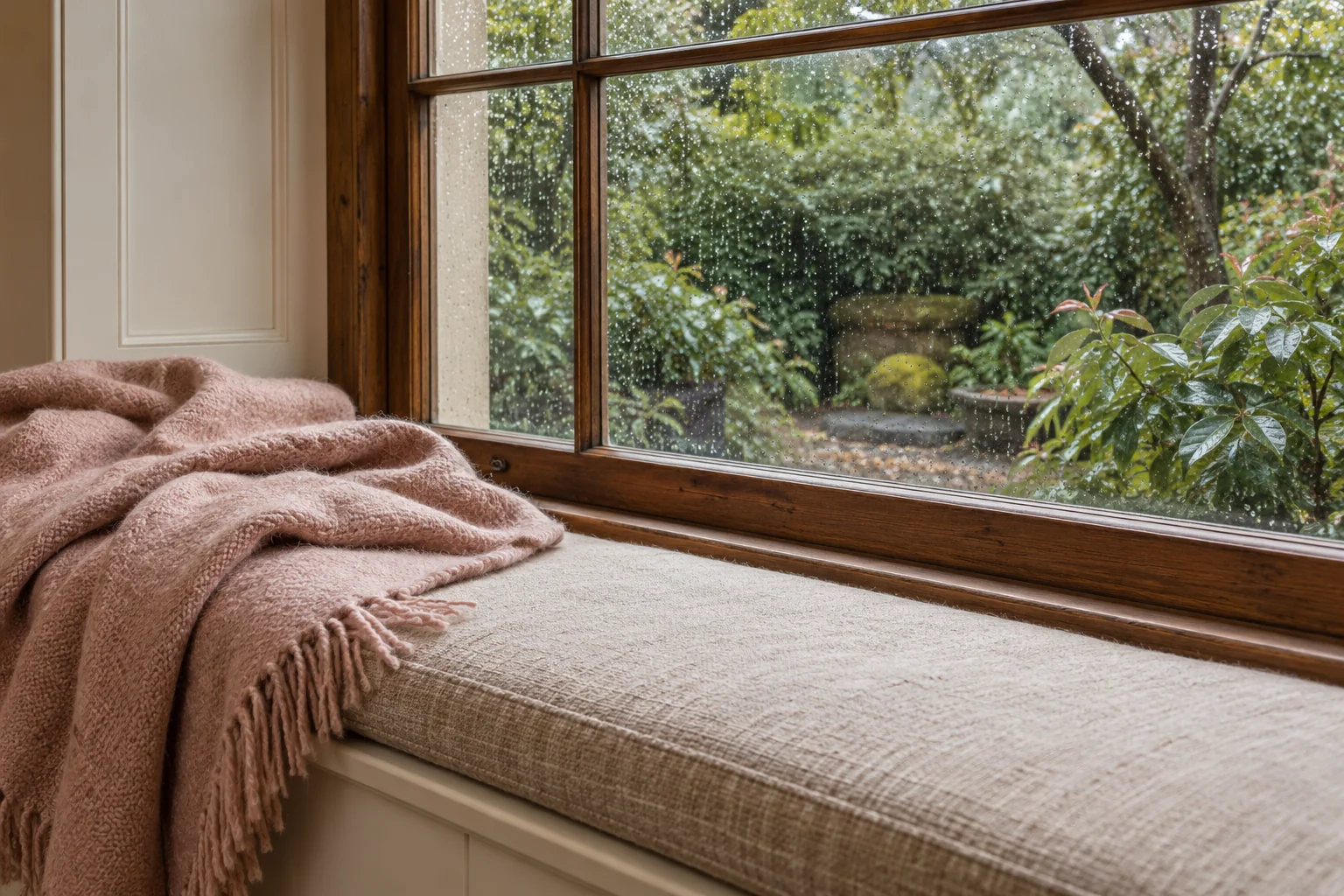 A quiet window seat with a blush throw and rain on the window.