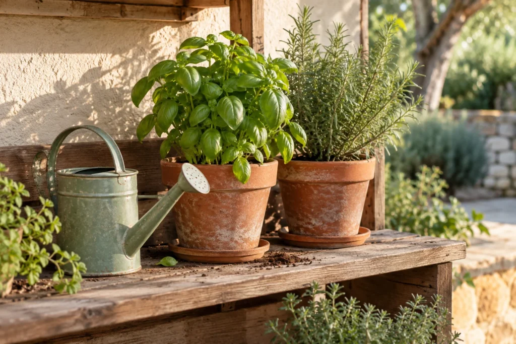 A small watering can and two potted herbs in morning light.