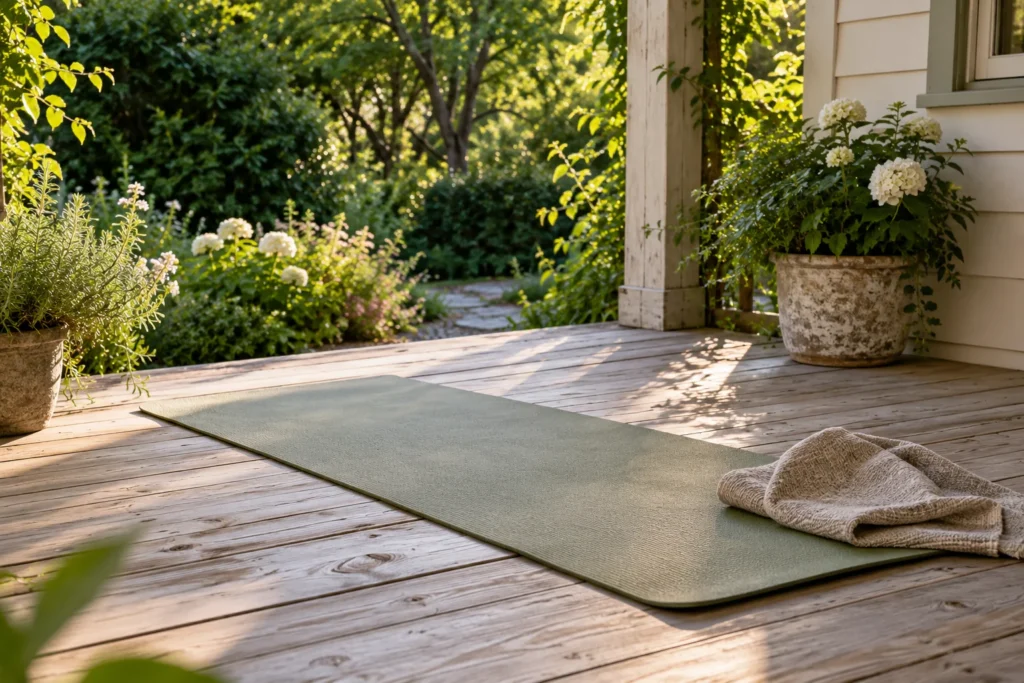 A sage exercise mat and folded towel on a shaded garden porch.